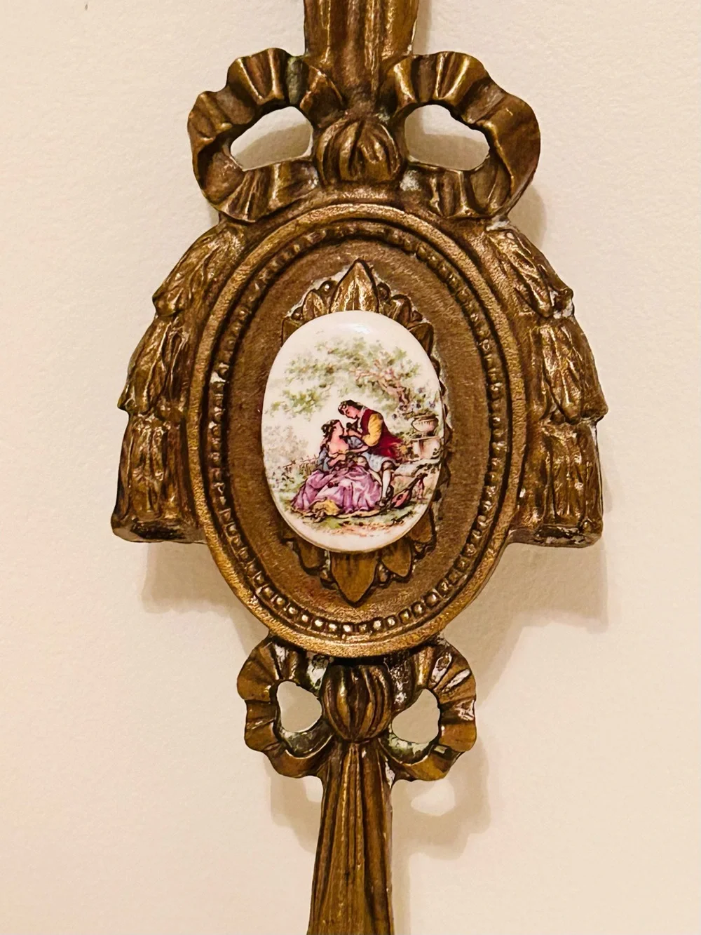 Vintage Victorian Cast Brass Wall Hanging w/ Porcelain Cameo Of Courting Couple